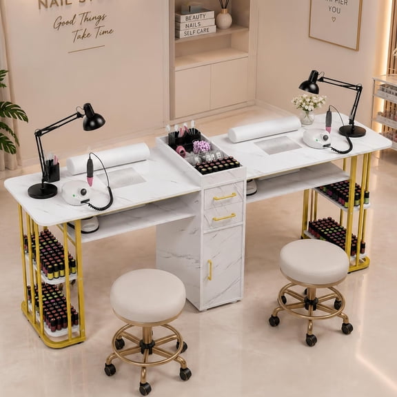Advwin Double Manicure Table for 2, Dual Nail Desk with 2 Dust Collectors, 2 Wrist Rests & Storage Drawers, Modern Double Nail Salon Workstation