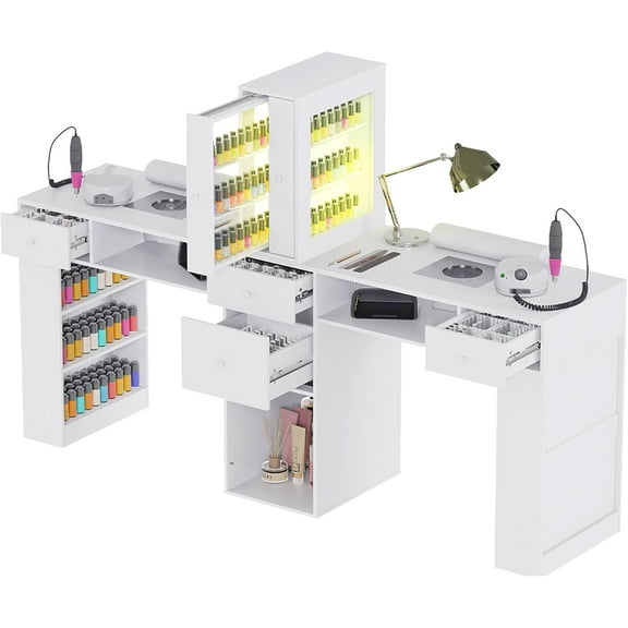 Advwin Double Manicure Table with Dust Collector, LED Light & Wrist Rest, Two Person Nail Desk for Nail Tech, Nail Salon Table for Professional Beauty Salon Workstation, White