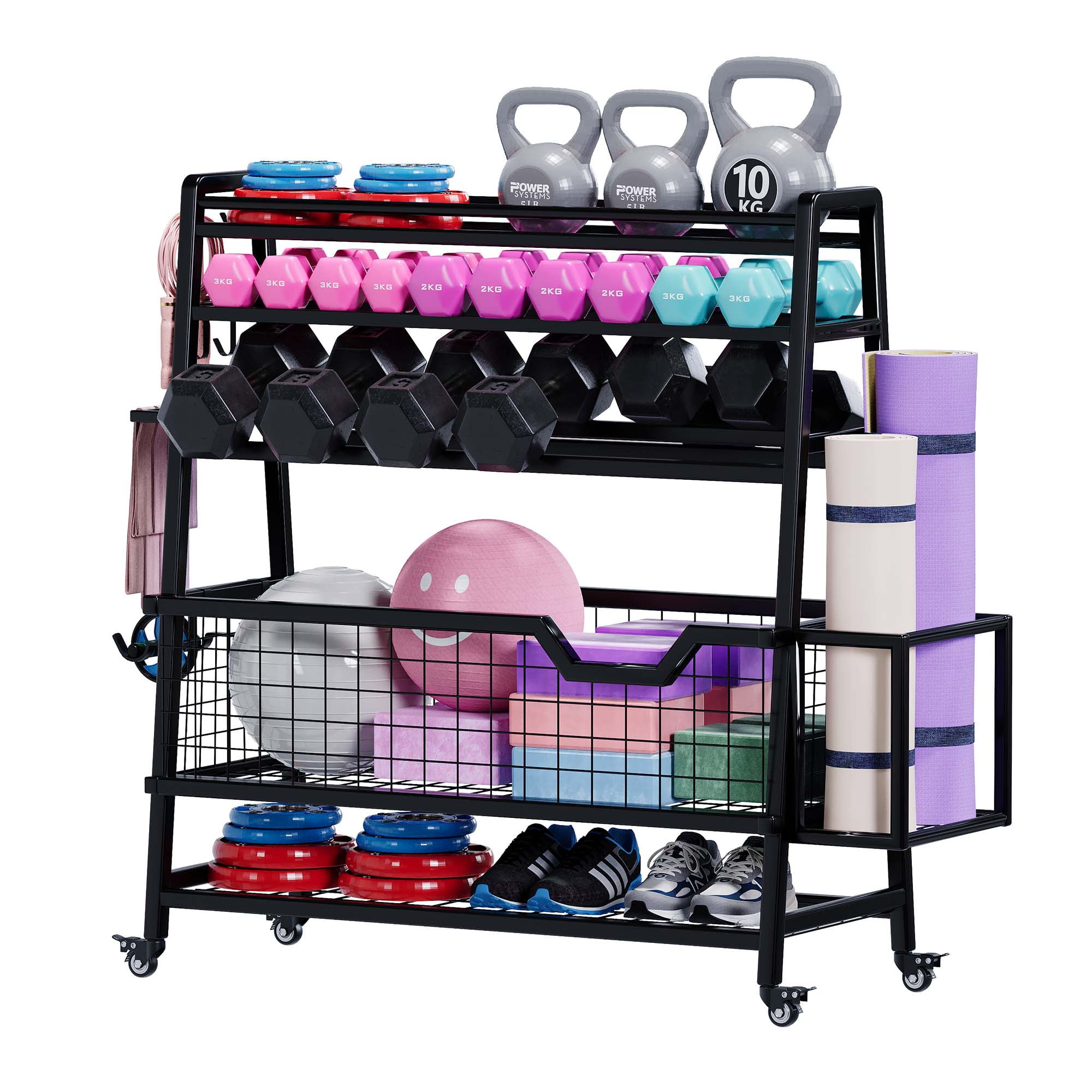 Advwin Dual-Sided Dumbbell Rack, Adjustable All-in-one Home Gym Storage Rack for Dumbbells, Kettlebells, Yoga Mats, Foam Rollers, Workout Equipment Storage Organizer with Hooks & Wheels