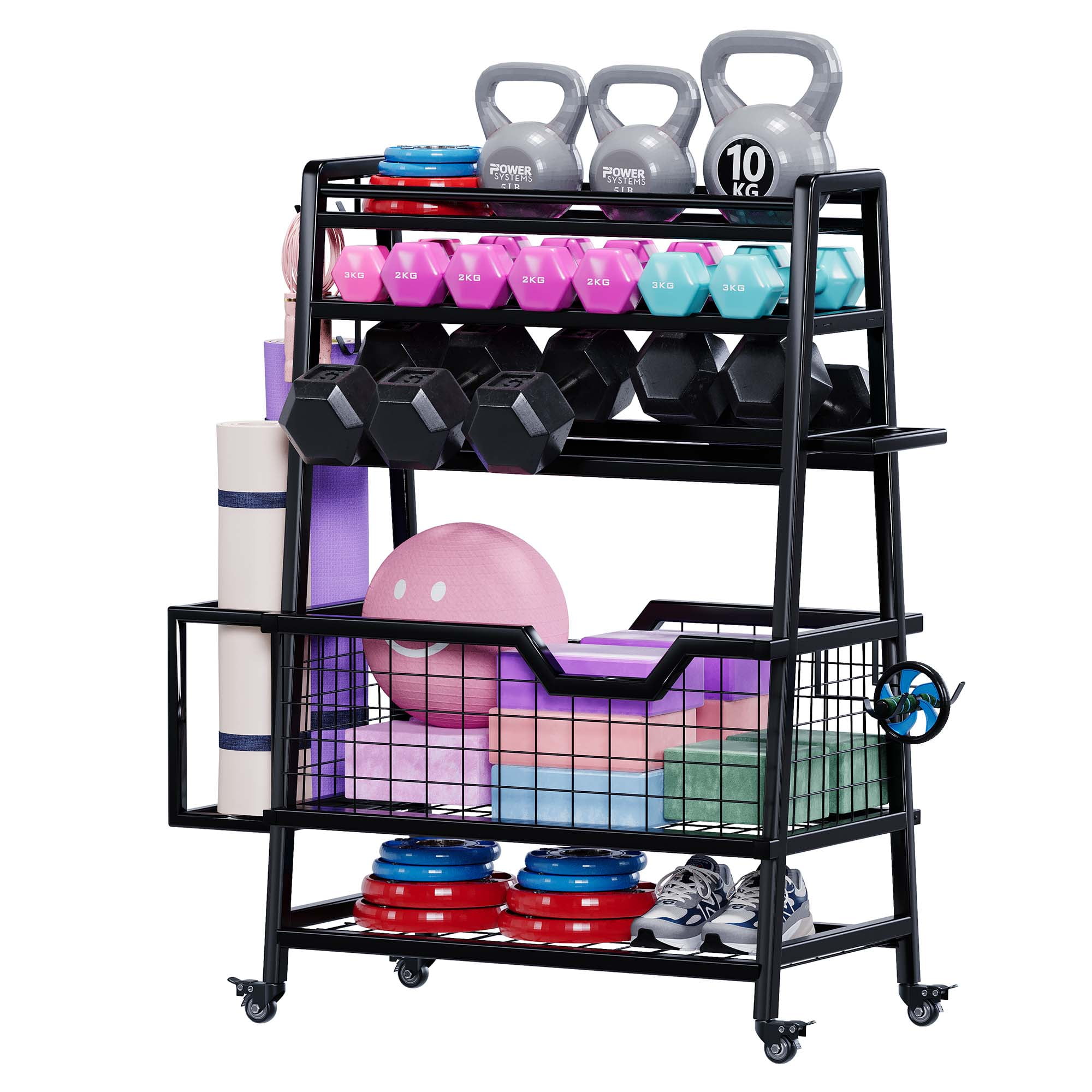 Advwin Dual-Sided Dumbbell Rack, Adjustable All-in-one Home Gym Storage Rack for Dumbbells, Kettlebells, Yoga Mats, Foam Rollers, Workout Equipment Storage Organizer with Hooks & Wheels