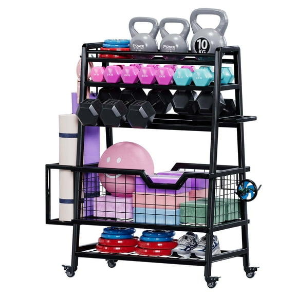 Advwin Dual-Sided Dumbbell Rack, Adjustable All-in-one Home Gym Storage Rack for Dumbbells, Kettlebells, Yoga Mats, Foam Rollers, Workout Equipment Storage Organizer with Hooks & Wheels