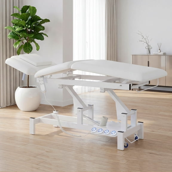 Advwin Electric Massage Table with Dual Motors, Height & Lumbar Adjustable Spa Bed with Remote and Foot Pedal Control, Professional Therapy Bed for Salon, Spa, Clinic Use, White