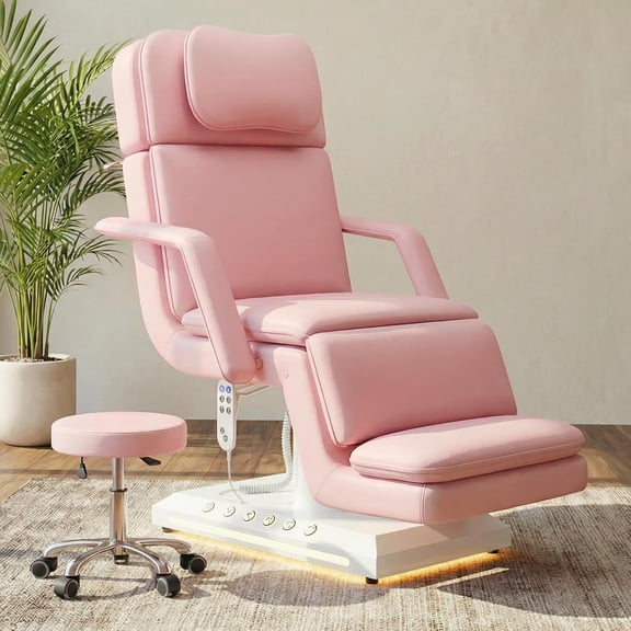 Advwin Electric Massage Table with Stool, 3-Motor Professional Spa & Facial Bed, Dual Foot Pedal & Remote Control, Height Adjustable Workstation Massage Bed for Spa & Salon, Pink