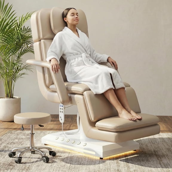 Advwin Electric Massage Table with Stool, 3-Motor Professional Spa & Facial Bed, Dual Foot Pedal & Remote Control, Height Adjustable Workstation Massage Bed for Spa & Salon, Champagne