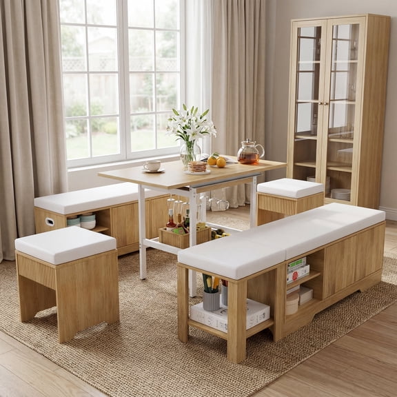 Advwin Extendable Dining Table Set with Storage Benches & Stools, 6-Piece Corner Breakfast Nook Table Set for 6, Space-Saving Design with Wine Glass Holder for Kitchen & Dining Room, Natural+White