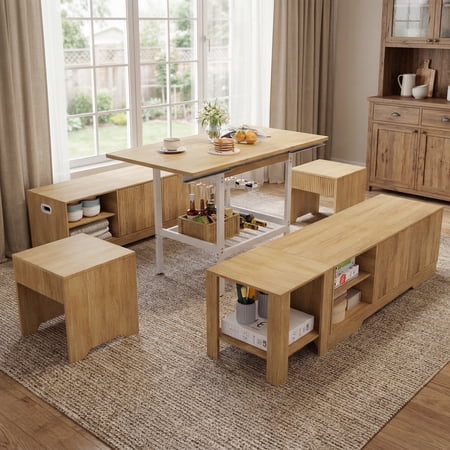 Advwin Extendable Dining Table Set with Storage Benches & Stools, 6-Piece Corner Breakfast Nook Table Set for 6, Space-Saving Design with Wine Glass Holder for Kitchen & Dining Room, Natural
