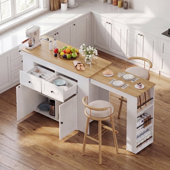 Advwin Extendable Kitchen Island with Storage & Built-in Power Outlet, Rolling Kitchen Island Cart with Drawers & Adjustable Shelf, Expandable Dining Table for Kitchen, Coffee Bar, White+Oak