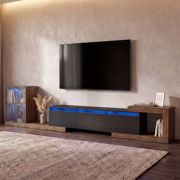 Advwin Extendable TV Stand for 75"-110" TVs, Modern Adjustable Length TV Console with LED Light, Cabinet, 2 Drawers & Media Storage, Entertainment Center for Living Room Bedroom, Black+Rustic Brown