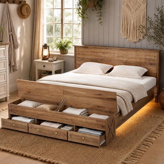 Advwin Farmhouse King Size Bed Frame with Headboard, Storage Bench & LED Light Strip, Wooden Platform Bed with 3 Drawers & 2 Flip-Top Compartments, No Box Spring Needed, Rustic Brown