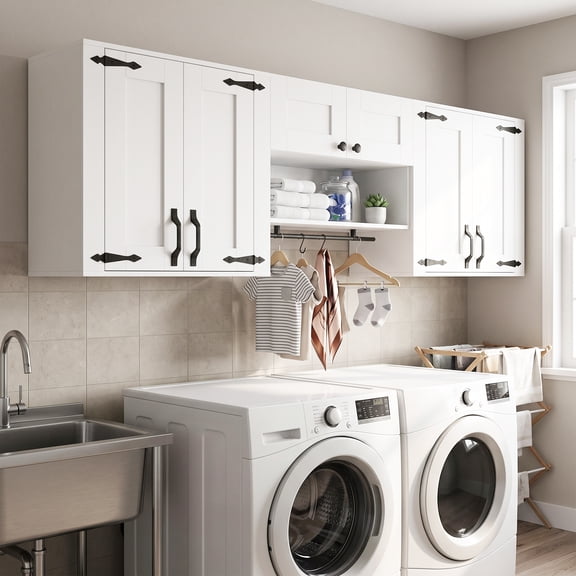 Advwin Farmhouse Wall Mounted Laundry Room Cabinet with Soft Close Doors, Hanging Rod, Adjustable Shelves & Open Storage Shelf, Floating Storage Cabinet for Laundry Room, Bathroom, Kitchen or Pantry