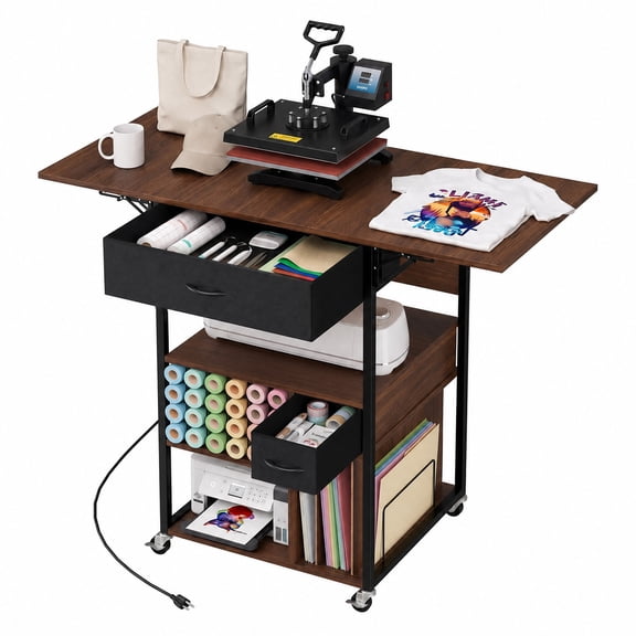 Advwin Foldable Heat Press Cart with Built-In Power Outlet, Drawers & 24 Vinyl Roll Holders, Rolling Heat Press Table Craft Workstation for Heat Presses, Cricut Machines, Printing & DIY, Black+Walnut