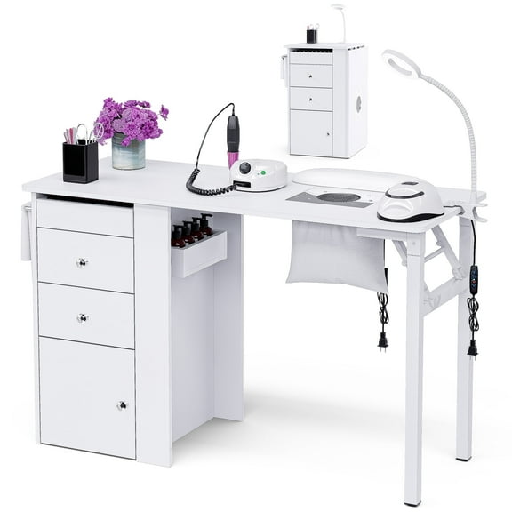 Advwin Foldable Manicure Table with Dust Collector, LED Lamp, Wrist Rest, Lockable Wheels, Drawers and Cabinet, Portable Nail Desk Compact Nail Station with Spacious Top, White