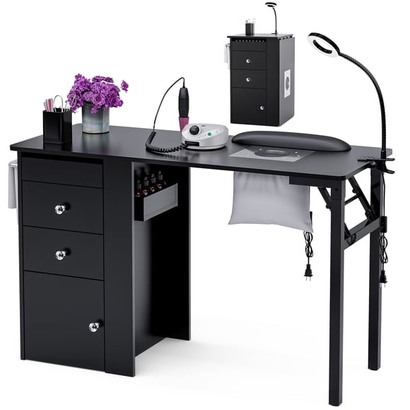 Advwin Foldable Manicure Table with Dust Collector, LED Lamp, Wrist Rest, Lockable Wheels, Drawers and Cabinet, Portable Nail Desk Compact Nail Station with Spacious Top, Black