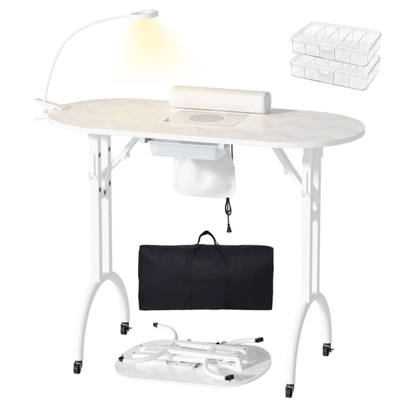 Advwin Foldable Manicure Table with Dust Collector & Lamp, Portable Rolling Nail Tech Desk with Drawer, Wrist Cushion, Lockable Wheels, 4 Hooks, Mobile Nail Workstation for Travel & Home Salon, White