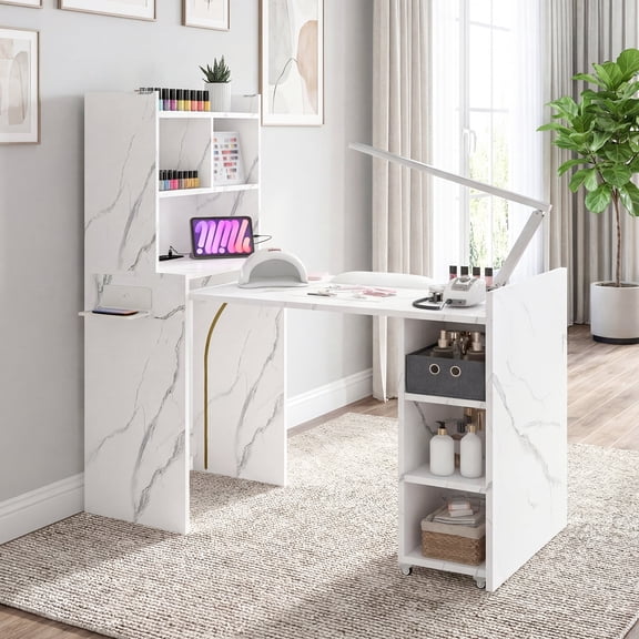 Advwin Foldable Manicure Table with Charging Station & Storage Cabinet, Wall-Mount Extendable Nail Tech Desk with Fabric Drawer & Shelf, Space-Saving Multipurpose Table for Home Office, White Marble