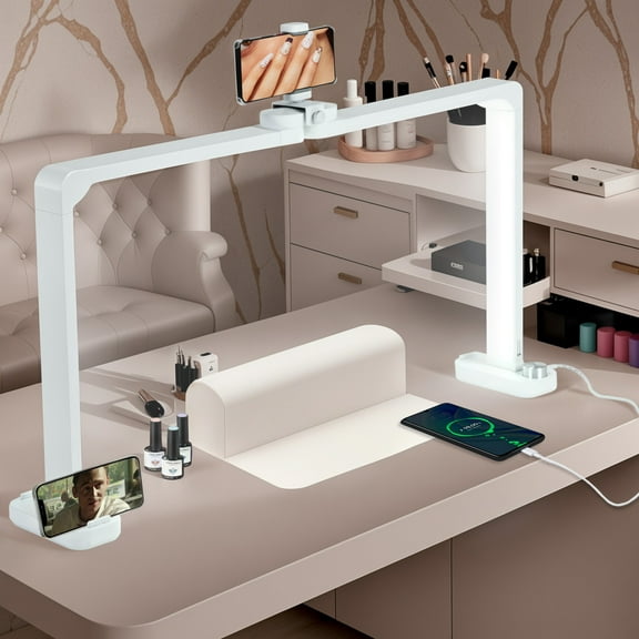 Advwin LED Foldable Nail Tech Lamp for Desk,34inch Led Nail Lamp with USB Ports, 3 Color Modes 3000K-6000K,Stepless Dimming Manicure Light with 4 Phone Holder for Nail Art, Tattoo, Salon & Home Use