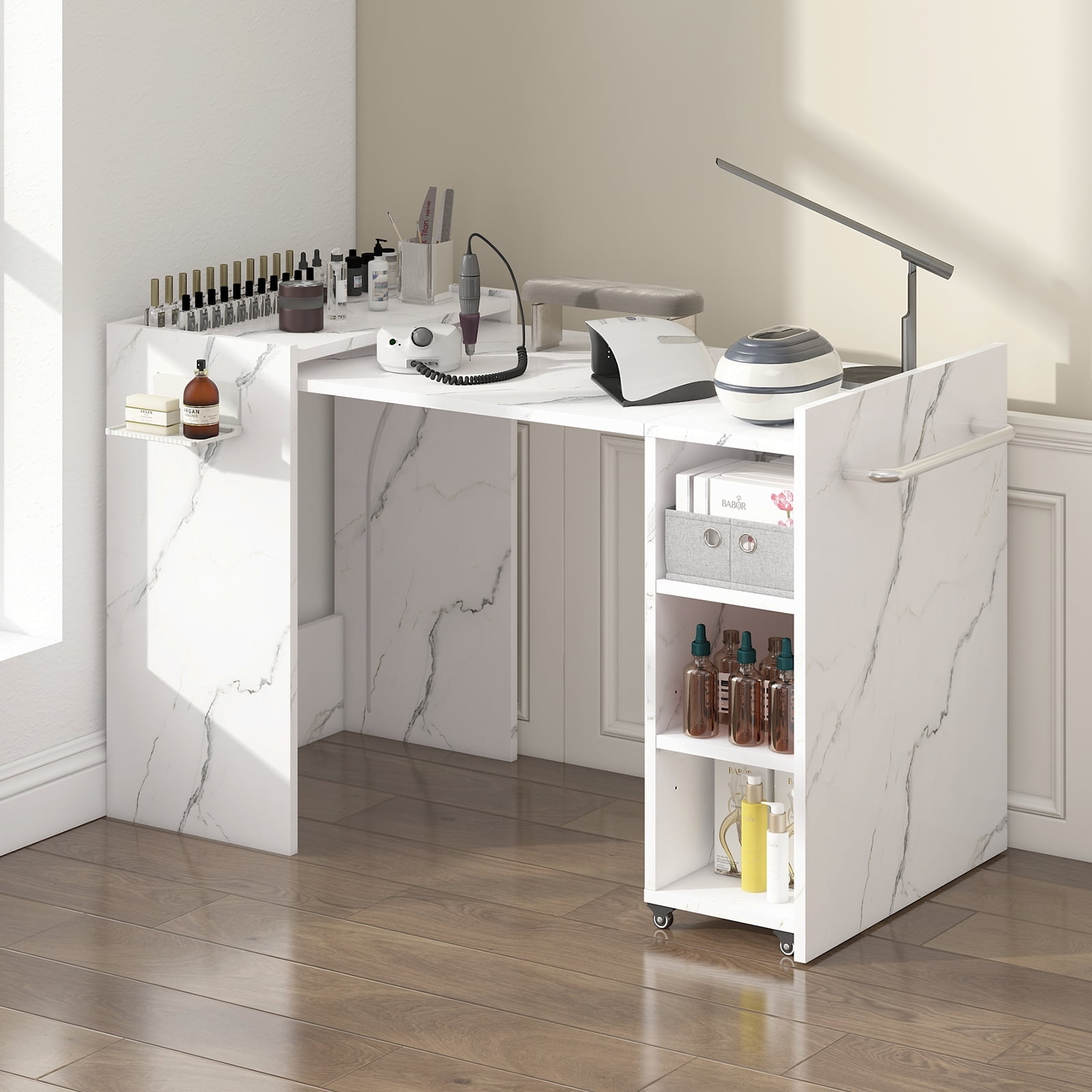 Advwin Folding Manicure Table with Storage Shelves & Fabric Drawer