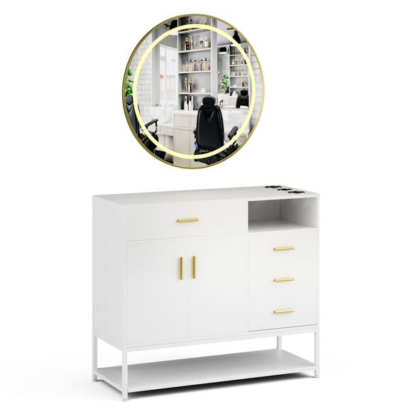 Advwin Freestanding Salon Station with LED Mirror, Barber Station with Cabinet, 4 Drawers & 3 Hair Dryer Holders, Modern Salon Dresser for Hair Styling, Beauty Spa Equipment, White