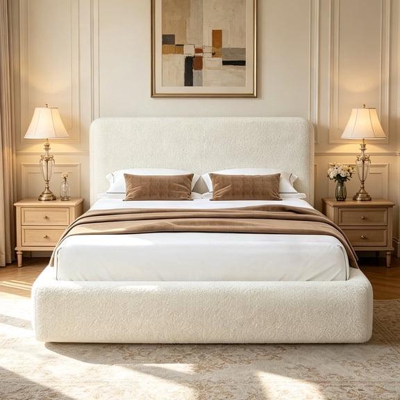 Advwin Full Cloud Bed Frame with Headboard, Boucle Upholstered Low Platform Bed with Anti-Collision Soft Sponge Cushion & Heavy Duty Metal Frame for Bedroom, No Box Spring Needed, Cream