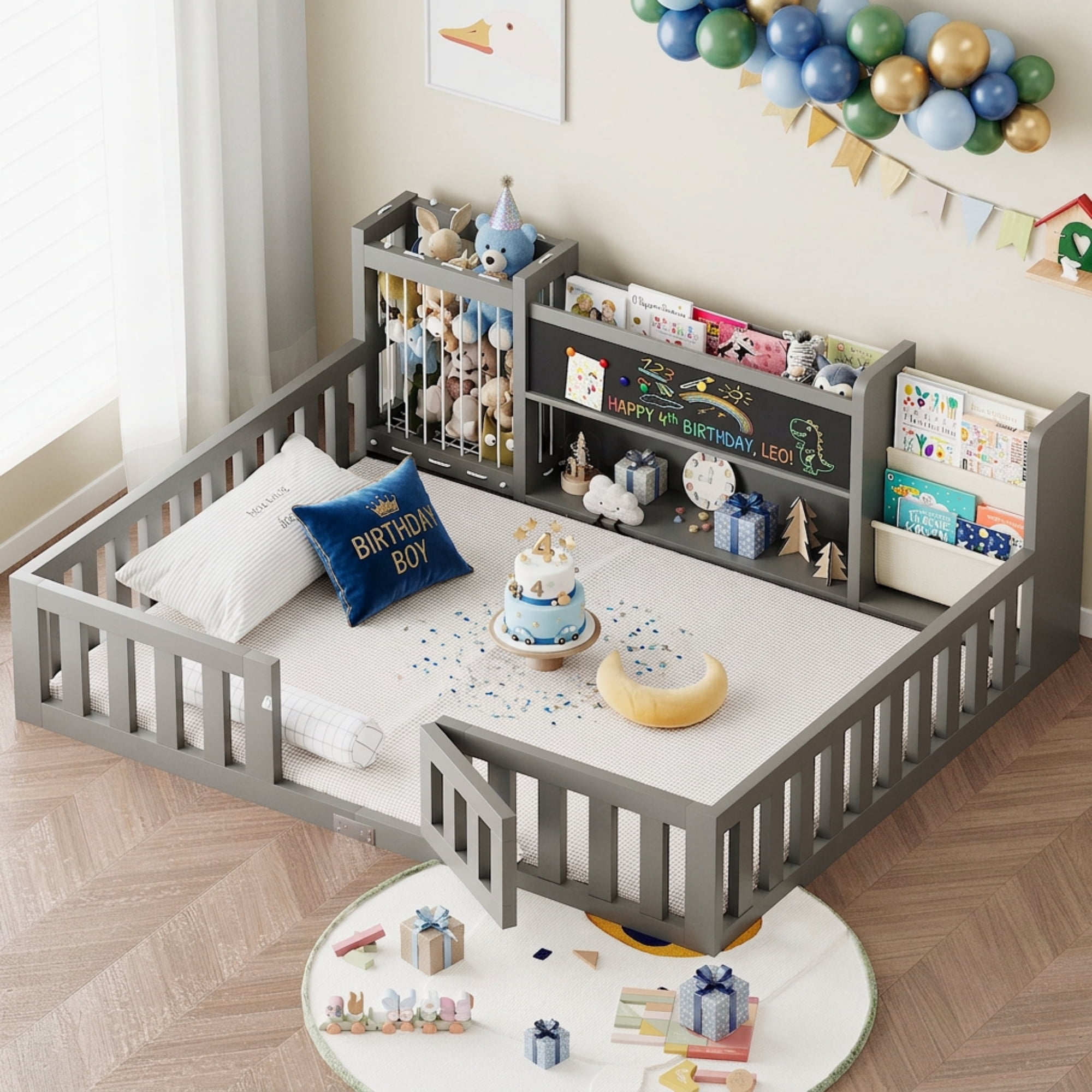 Advwin Full Floor Bed with  Gate, Safety Rails, Blackboard, Bookshelf & Toy Storage, Sturdy Wooden Platform Bed Frame, Gray