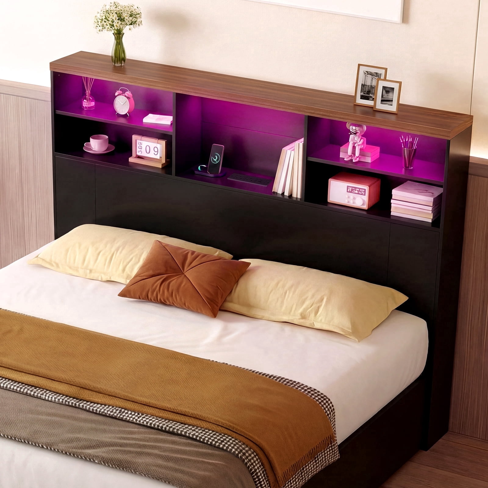 Advwin 63" Full/Queen Storage Headboard with LED Lights & Charging Station, Modern Bookcase Headboard, Space Saving Wood Headboard Only for Bedroom, Black & Walnut