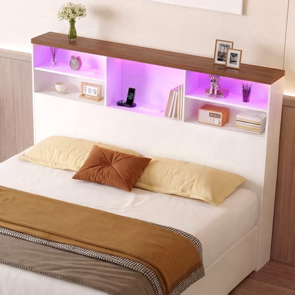Advwin 63" Full/Queen Storage Headboard with LED Lights & Charging Station, Modern Bookcase Headboard, Space Saving Wood Headboard Only for Bedroom, White & Walnut