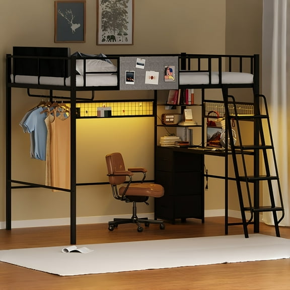 Advwin Full Size Loft Bed with Desk, Charging Station, LED Lights & Stairs, Heavy Duty Space-Saving Metal Gaming Loft Bed Frame with Safety Guardrail & Storage for Adults, Black