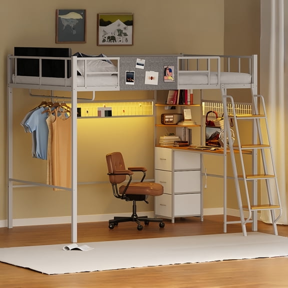 Advwin Full Size Loft Bed with Desk, Charging Station, LED Lights & Stairs, Heavy Duty Space-Saving Metal Gaming Loft Bed Frame with Safety Guardrail & Storage for Adults, White