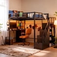 thumbnail image 1 of Advwin Full Size Loft Bed with Desk and Stairs, Headboard, Wardrobe, Bedside Storage Shelf, 6 Drawers, Charging Station & LED Light, Space-Saving Metal Gaming Loft Bed Frame, Black+Walnut, 1 of 13