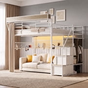 Advwin Full Size Loft Bed with Stairs & 23.6" Extra-Tall Guardrails, Upholstered Headboard, Bedside Shelf, Open Wardrobe, 3 Shelves, 6 Drawers & LED Lights, Metal Loft Bed Frame, White