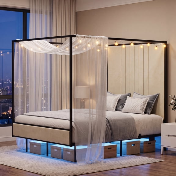 Advwin Full Size Metal Canopy Bed Frame with Upholstered Headboard & Footboard, Floating Platform Bed with LED Lights, Charging Station, Underbed Storage, Noise-Free Support, Black