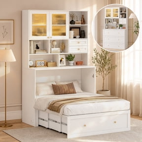 Advwin Full Size Murphy Bed with LED Display Cabinet & Power Outlet, Hideaway Murphy Cabinet Bed with Storage Drawers, Space Saving Foldable Platform Bed Frame for Bedroom, Guest Room, Office, White
