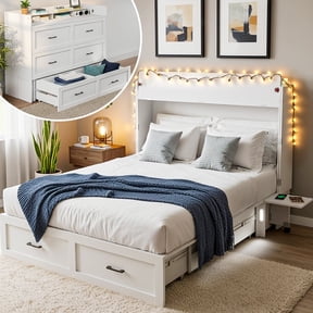 Advwin Full Size Murphy Bed with Storage & Charging Station, Hideaway Murphy Cabinet Bed with Motion Sensor Lights, Foldable Platform Bed Frame for Bedroom, Guest Room, Office, White