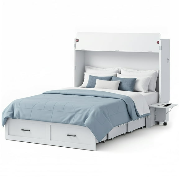 Advwin Full Size Murphy Bed with Motion Sensor Lights & Charging Station, Foldable Hideaway Murphy Cabinet Bed with Storage