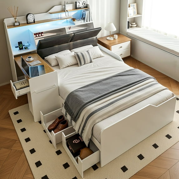 Advwin Full Size Platform Bed Frame with Hidden Side Desk, LED Storage Headboard, Bookshelf, 4 Drawers & Charging Station, No Box Spring Needed, Space-Saving Design