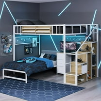 Advwin Full Over Twin Bunk Bed with Desk, Stairs, LED Light & Charging Station, L-Shaped Metal Loft Bed with Storage Shelves & Drawers