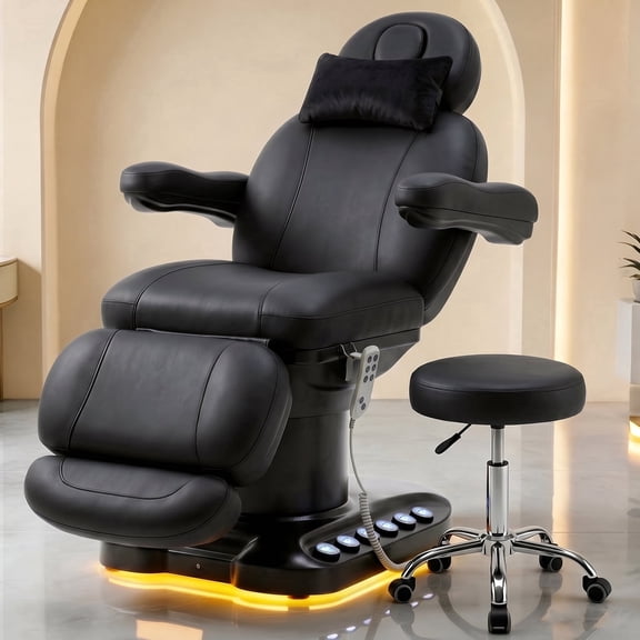 Advwin Fully Electric Massage Table with Stool, 3-Motor Professional Esthetician Bed with Dual Controls, Height, Length & Angle Adjustable Beauty Spa Bed for Facial, Medical, Salon, Tattoo, Black