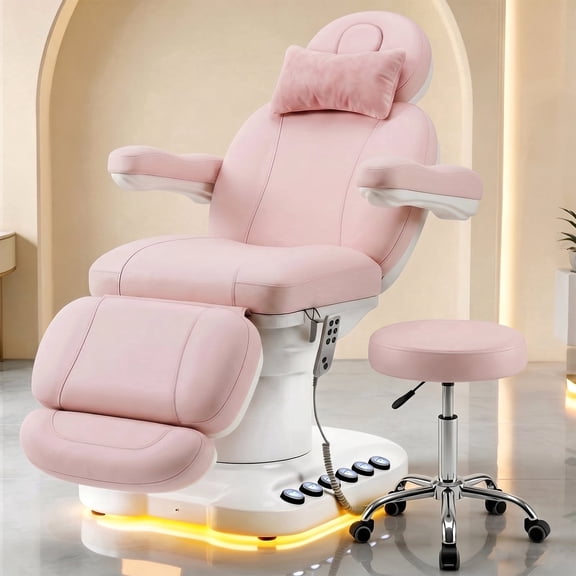Advwin Fully Electric Massage Table with Stool, 3-Motor Professional Esthetician Bed with Dual Controls, Height, Length & Angle Adjustable Beauty Spa Bed for Facial, Medical, Salon, Tattoo, Pink
