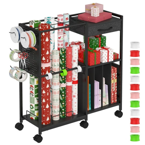 Advwin Gift Wrapping Paper Storage Cart with Drawer, Rolling Gift Wrap Station with Ribbon & Gift Bage Storage, Multi-purpose Craft Organizer Rack for Home, Office, School or Gift Shop, Black