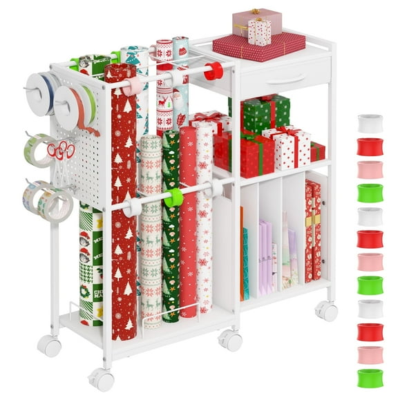 Advwin Gift Wrapping Paper Storage Cart with Drawer, Rolling Gift Wrap Station with Ribbon & Gift Bage Storage, Multi-purpose Craft Organizer Rack for Home, Office, School or Gift Shop, White