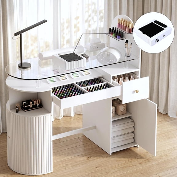 Advwin Glass Top Manicure Table with Dust Collector, Storage Drawers & Cabinet, Professional Acetone Resistant Nail Tech Desk for Beauty Salon or Home, White