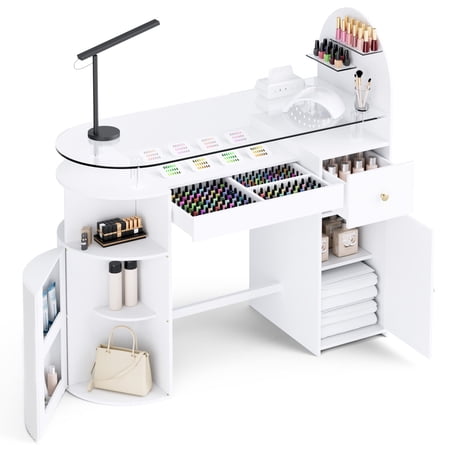 Advwin Manicure Table with Tempered Glass Top, Storage Drawers & Cabinet, Professional Acetone Resistant Nail Tech Desk for Beauty Salon or Home, White