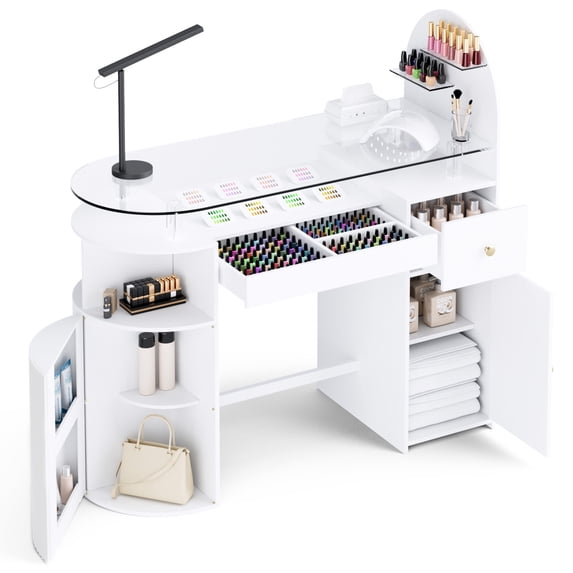 Advwin Manicure Table with Tempered Glass Top, Storage Drawers & Cabinet, Professional Acetone Resistant Nail Tech Desk for Beauty Salon or Home, White