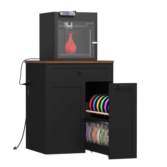 Advwin Heavy Duty 3D Printer Cabinet with Power Outlet & Rolling Filament Drawer, Modern 3D Printer Stand Workstation Organizer with Drawer & Storage Cabinet for Home Studio Office, Black+Walnut