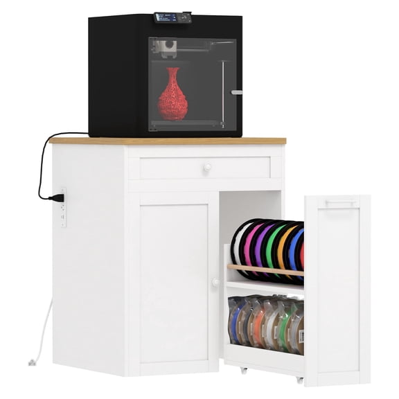 Advwin Heavy Duty 3D Printer Cabinet with Power Outlet & Rolling Filament Drawer, Modern 3D Printer Stand Workstation Organizer with Drawer & Storage Cabinet for Home Studio Office, White+Oak