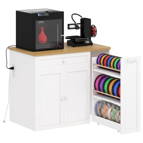 Advwin Heavy Duty 3D Printer Cabinet with Rolling Filament Storage & Power Outlet, Large 3D Printer Stand Workstation Organizer with Drawer & Storage Cabinet for Home Studio Office, White+Oak