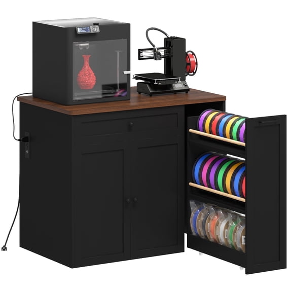 Advwin Heavy Duty 3D Printer Cabinet with Rolling Filament Storage & Power Outlet, Large 3D Printer Stand Workstation Organizer with Drawer & Storage Cabinet for Home Studio Office, Black+Walnut