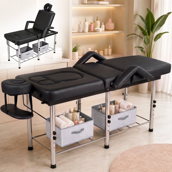 Advwin Heavy-Duty Massage Table with Adjustable Backrest & Height, Chest & Abdominal Opening, Removable Headrest & Armrest, Storage Shelf, Wide Spa Bed for All Body Types, Prenatal & Plus-Size, Black