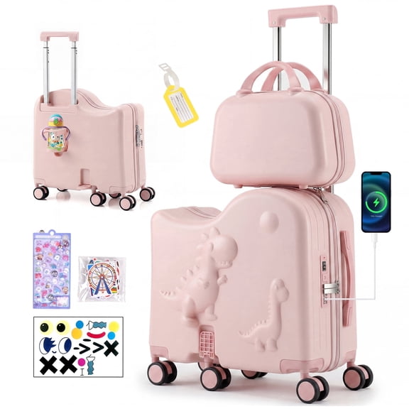 Advwin Kids 2-Piece Ride On Luggage Set with 3D Dinosaur Design, 17" Hardshell Carry On Suitcase with Portable Travel Case, Charging Port, Cup Holder, Foldable Footrest & 6 Spinner Wheels, Pink
