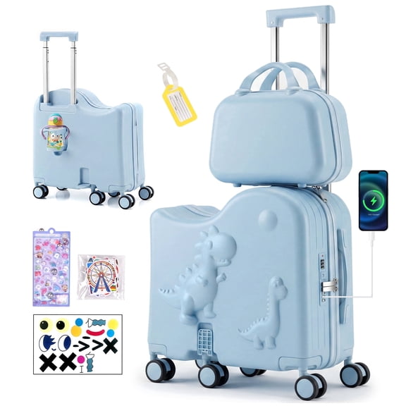 Advwin Kids 2-Piece Ride On Luggage Set with 3D Dinosaur Design, 17" Hardshell Carry On Suitcase with Portable Travel Case, Charging Port, Cup Holder, Foldable Footrest & 6 Spinner Wheels, Blue